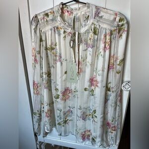 NWT Joie White Floral Blouse with Tie-Neck